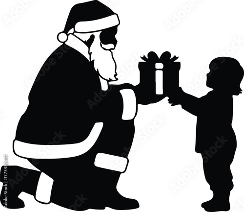 Vector Santa Claus gives a present to a child silhouette illustration