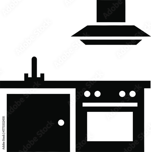 Simple black and white icon of a kitchen counter with stove and hood