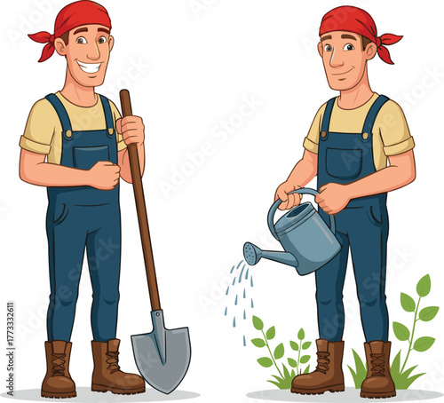 Cartoon farmers with shovel and watering can, gardening and planting vegetables, agriculture workers in overalls, plant care, rural lifestyle illustration