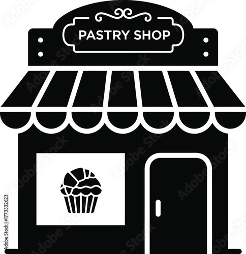 Charming black and white icon of a pastry shop