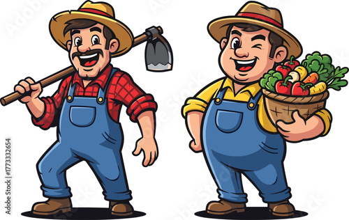 Cartoon farmers with vegetables, cheerful agriculture workers in overalls, harvest scene with shovel, basket of produce, farming, gardening, countryside illustration