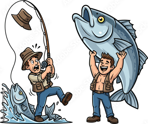 Cartoon fishermen catching giant fish, funny fishing scene with big catch, struggle and triumph, outdoor adventure, humorous angler illustration, sport