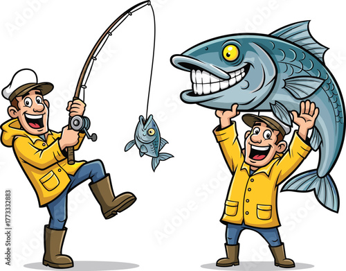 Cartoon fishermen illustration, big fish catch, small fish comparison, humorous fishing scene, yellow raincoat characters, playful artwork, outdoor activity, seafood concept