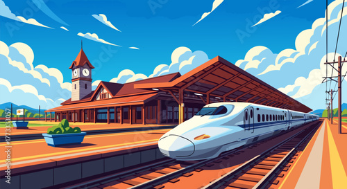 Modern bullet train at a quaint countryside railway station, a vibrant illustration of public transportation and scenic travel