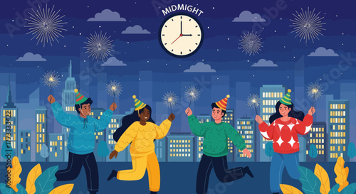 Happy people celebrating New Year’s Eve at midnight with fireworks in the city. Festive flat illustration showing joyful friends wearing party hats holding sparklers against night skyline.