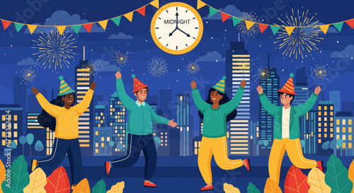 Happy people celebrating New Year’s Eve at midnight with fireworks in the city. Festive flat illustration showing joyful friends wearing party hats holding sparklers against night skyline.