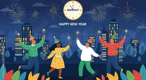 Happy people celebrating New Year’s Eve at midnight with fireworks in the city. Festive flat illustration showing joyful friends wearing party hats holding sparklers against night skyline.
