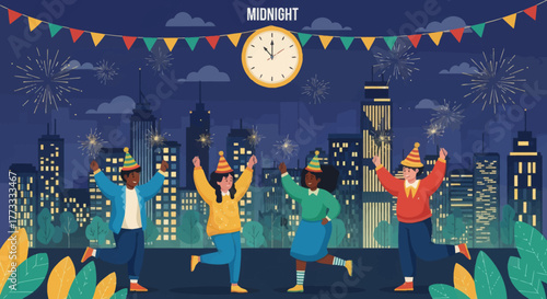 Happy people celebrating New Year’s Eve at midnight with fireworks in the city. Festive flat illustration showing joyful friends wearing party hats holding sparklers against night skyline.