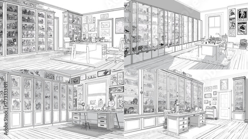 Detailed black and white line art of a museum room filled with framed artworks, shelves, and creative workspace interior design.