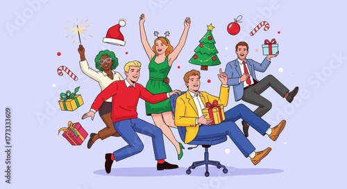 Office Christmas party flat vector illustration. Happy colleagues celebrating winter holidays with gifts, Santa hats, and decorations. Corporate festive event cartoon concept on light background.