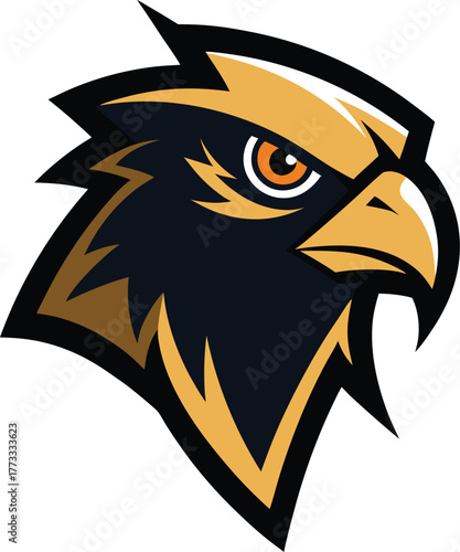 Serious Hawk Head Mascot Logo with Dark Blue Plumage and Golden Accents Isolated on Transparent Background