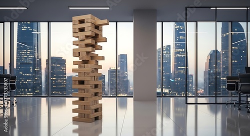 Jenga Tower Game in Modern Office A Metaphor for Business Risk and Strategy
