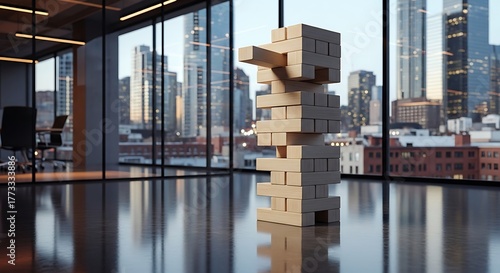 Block Tower Game Stands Firm Against a Cityscape Backdrop