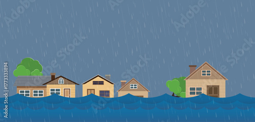 Flood natural disaster with house, heavy rain and storm , damage with home, clouds and rain