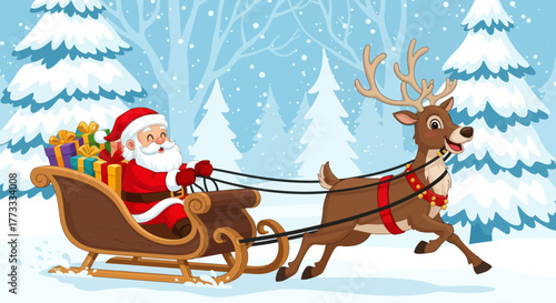 Santa Claus riding sleigh pulled by reindeer through snowy forest with gift boxes. Cheerful winter Christmas scene illustration perfect for festive holiday design and greeting cards.