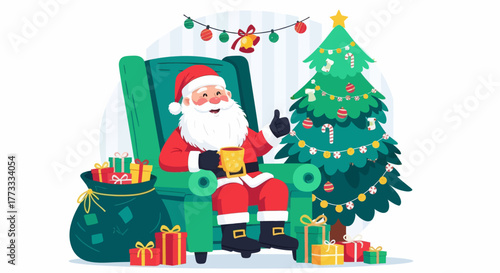 Santa Claus sitting in a cozy chair near Christmas tree, holding a hot drink with gift boxes around. Festive winter holiday scene illustration for celebration and seasonal design.