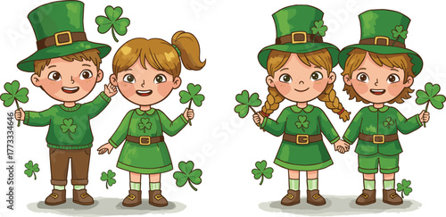 Cartoon children celebrating St. Patrick’s Day, wearing green outfits with shamrocks, festive holiday scene, cheerful vector illustration, lucky theme