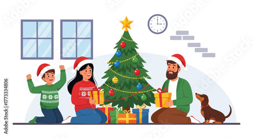 Happy family celebrating Christmas at home, exchanging gifts near decorated Christmas tree. Parents and child wearing Santa hats enjoying holiday moment together with cute dog. Flat vector illustratio