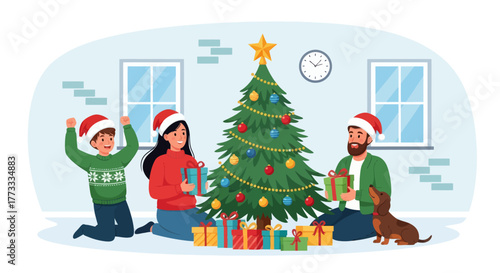 Happy family celebrating Christmas at home, exchanging gifts near decorated Christmas tree. Parents and child wearing Santa hats enjoying holiday moment together with cute dog. Flat vector illustratio