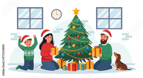 Happy family celebrating Christmas at home, exchanging gifts near decorated Christmas tree. Parents and child wearing Santa hats enjoying holiday moment together with cute dog. Flat vector illustratio