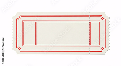 Blank white ticket with red border and perforated edge, isolated on white background