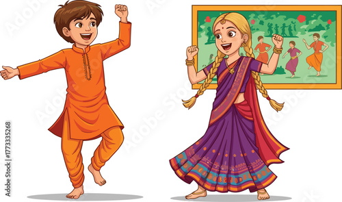 Cartoon children dancing in traditional Indian clothing, festive celebration, joyful movement, cultural attire, ethnic vector illustration, happy kids art