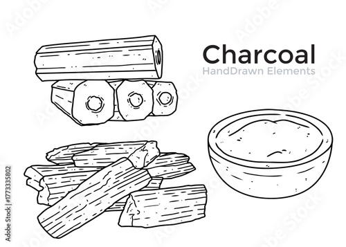 Hand-drawn illustration of charcoal pieces stacked and scattered, with a bowl of charcoal powder, presented in a simple, clean style.