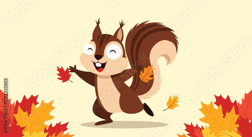 A cheerful cartoon squirrel with a bushy tail runs happily amidst a scatter of colorful autumn leaves, embodying the vibrant and playful spirit of fall.