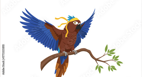 A cheerful and bold cartoon parrot, featuring striking blue wings and a unique yellow headband, perches on a leafy tree branch in a bright illustration.