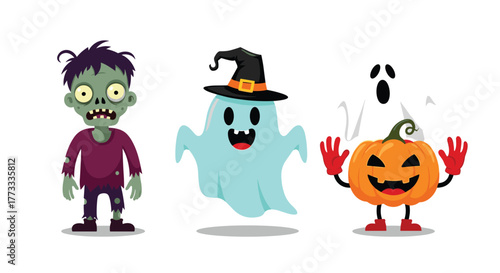 Three cute cartoon Halloween characters featuring a green zombie, a blue ghost in a witch hat, and a smiling jack-o'-lantern with a white ghost, ready for holiday festivities.