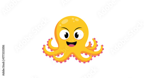 A vibrant and adorable cartoon yellow octopus smiles brightly, showcasing its numerous pink-suckered tentacles while floating happily on a clean white background.