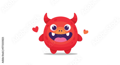 A joyful, vibrant red cartoon monster with horns and a big toothy smile happily expressing love with floating hearts on a clean white background.