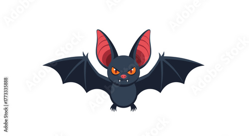 A menacing cartoon bat with large red ears and spread wings, featuring bright orange eyes and visible fangs, is depicted in a spooky Halloween illustration.