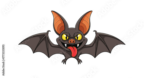 A menacing cartoon bat with large orange ears, sharp fangs, and glowing yellow eyes, sticks out its red tongue while spreading its dark wings wide.