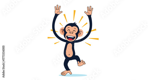 An overjoyed cartoon monkey leaps with its arms raised high and a big smile on its face, surrounded by radiant bursts, expressing pure happiness and excitement.