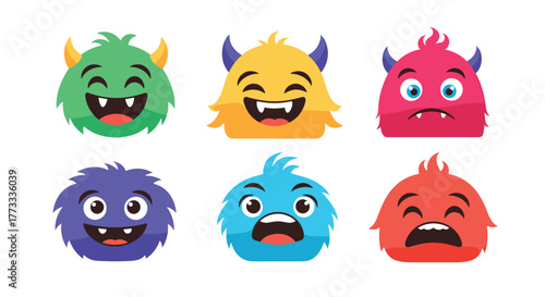 A vibrant collection of funny and cute cartoon monster characters, each displaying a different emotion and expression, perfect for children's designs and playful themes.
