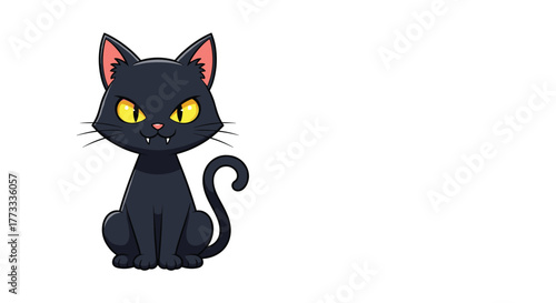 A spooky cartoon black cat illustration, with glowing yellow eyes and sharp fangs, sits upright against a plain white background, embodying a mischievous or Halloween spirit.