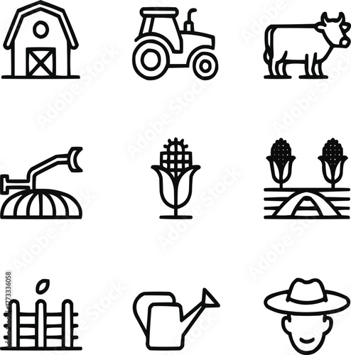 Farming and Agriculture Outline Icons Set Farm Life, Harvest, and Equipment Symbols