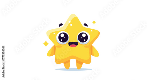 A bright and adorable cartoon star character with big sparkling eyes, a happy smile, and tiny limbs, standing cheerfully on a clean white background.
