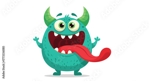 A cute, fluffy teal monster with green horns and big expressive eyes playfully sticks out its long red tongue, radiating a cheerful and mischievous cartoon vibe.