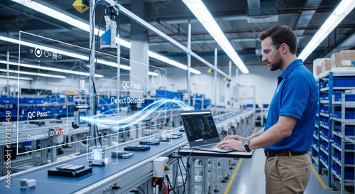 Industry 4.0 Quality Control Concept with engineer using laptop on factory production line, augmented reality interface showing automated defect detection process