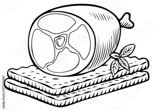 Cured ham or sausage on crackers with basil garnish in a black and white engraved line art style
