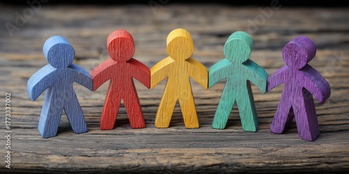 Colorful Wooden Dolls Linked by Hands on Rustic Wooden Surface