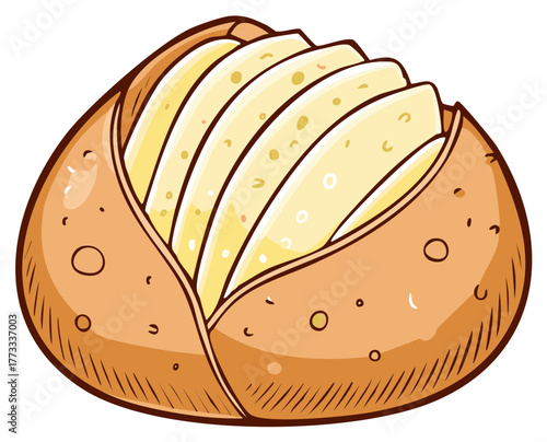 Baked Potato Sliced With Butter And Spices Illustrated Cartoon Style