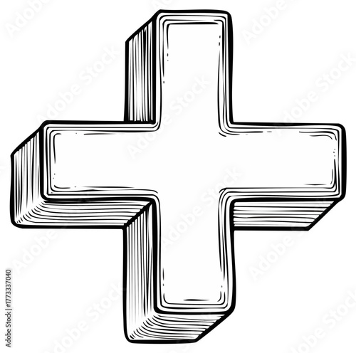 Three dimensional plus symbol in a hand drawn sketch style line art