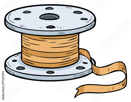 Hand drawn cartoon illustration of a metal spool with unwinding brown ribbon