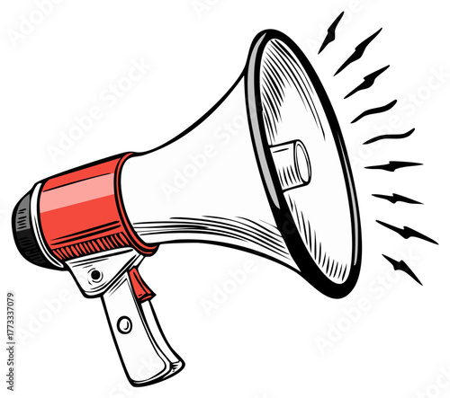 Red and white retro megaphone amplifying sound waves for important announcements