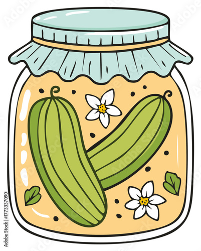 Pickled cucumbers in a glass jar with flowers and leaves, traditional home preservation, cartoon style vector illustration