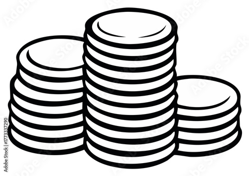 Simple black and white line art drawing of stacked coins representing finance, wealth, and savings