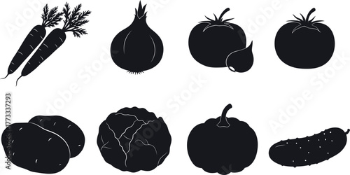 Vector silhouette icon set of fresh fruit and vegetables like apple, strawberry, pineapple, onion, pepper, and tomato for a healthy, vegetarian food illustration design